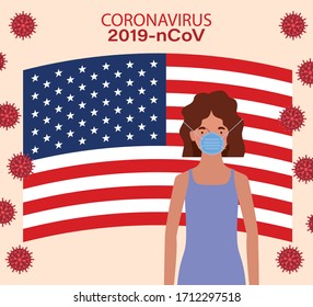 Coronavirus 2019 nCov woman with mask and usa flag design of Covid 19 virus symptoms and medical theme Vector illustration