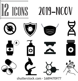 coronavirus 2019 pandemic 12 icons quarantined care black and white color image