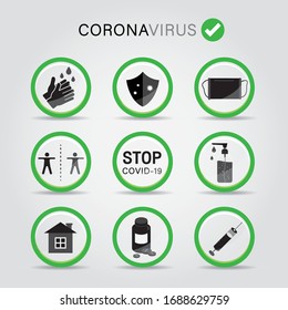 Coronavirus 2019 Prevention Icon Vector set for infographic or website. Covid-19 Symbol Button Vector. Wuhan Virus Disease.