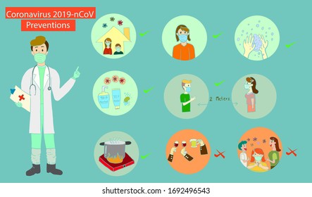 Coronavirus 2019 preventions.Doctor explain vector illustration.