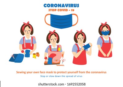 Coronavirus 2019 - Sewing your own face mask to protect yourself from the coronavirus Vector. Stop Or Slow Down The Spread Of Virus.