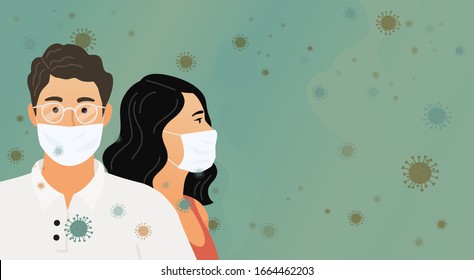 Coronavirus. 2019-nC0V. COVID-19. Wuhan Novel. Women and man in protective medical masks against a background of virus, bacteria and microorganisms. Flat vector illustration