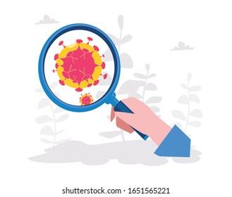 Coronavirus 2019-nC0V Outbreak. The virus attacks the respiratory tract, Vector illustration for web banner, infographics, mobile. pandemic medical health risk. Hand with magnifying glass.

