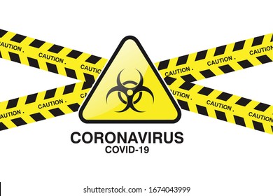 Coronavirus 2019-nC0V warning sign in a triangle and warning tape,
Corona virus Warning and public health risk disease outbreak. Pandemic medical concept with dangerous cells.Vector illustration