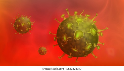 Coronavirus 2019-nCov. 3d Realistic Vector illustration. Copy space. Green influenza virus cell in human blood. Red background. Microscopic view of Chinese pathogen respiratory coronavirus. 