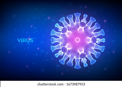 Coronavirus 2019-nCov. Abstract novel coronavirus bacteria. Microscopic view of virus cell close up. COVID-19. Dangerous ncov corona virus. SARS pandemic risk concept. 3D vector illustration.