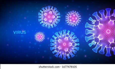 Coronavirus 2019-nCov. Abstract novel coronavirus bacteria. Microscopic view of virus cell close up. COVID-19. Dangerous ncov corona virus. SARS pandemic risk concept. 3D vector illustration.