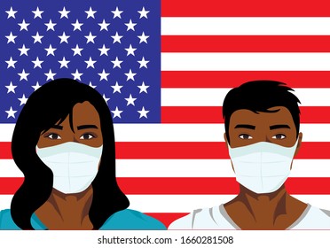 coronavirus 2019-nCoV with Afro-american woman and man in blue medical face mask on USA flag. Wuhan pneumonia outbreak on red background.