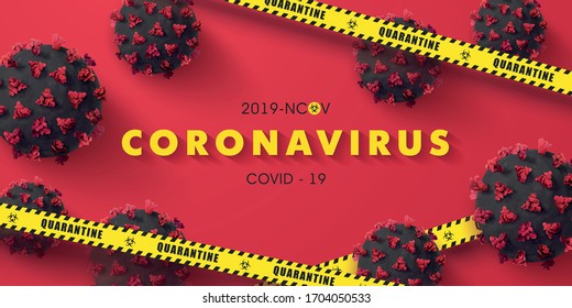 Coronavirus 2019-nCoV background with realistic microscopic 3D viral cells and quarantine tape.COVID-19 Corona virus outbreaking and Pandemic concept.Vector illustration eps 10