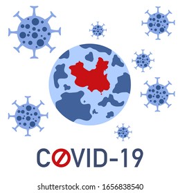 Coronavirus, 2019-nCoV, Bacteria, COVID-19, Earth globe, Blue and red Map from China with red stop sign on white background, icon, isolated, vector illustration