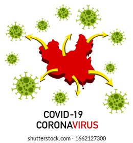 Coronavirus, 2019-nCoV, Bacteria, COVID-19 green color, Yellow arrow, Red map from China on white background, icon, isolated, vector illustration