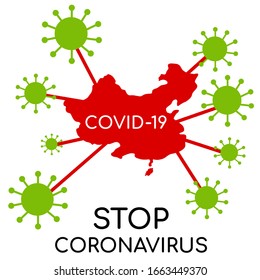 Coronavirus, 2019-nCoV, Bacteria, COVID-19 grüne Farbe, rote Karte aus China auf weißem Hintergrund, Symbol einzeln, Vektorillustration Illustration