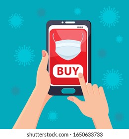 Coronavirus 2019-nCoV in China. People buy a medical protective mask through an online app. Online purchase of medical products.Concept of a global epidemic of virus from China. Vector illustration