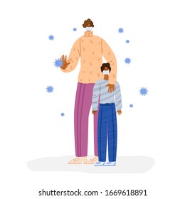 Coronavirus 2019-nCoV concept. Girl and kid wearing face mask - woman with child. Protection, prevention novel coronavirus 2019-nCoV. People in breathing mask, stop gesture. Vector illustration