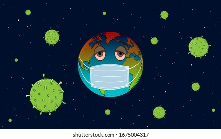 Coronavirus 2019-nCoV Concept Illustration. Infected Earth With Respirator Face Mask and Corona Viruses in Space Background.