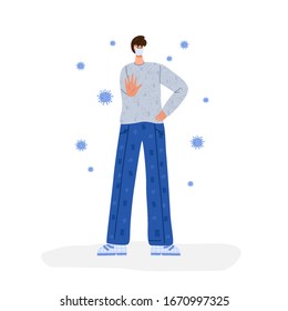 Coronavirus 2019-nCoV concept. Man wearing face mask and stoping virus. Protection, prevention novel coronavirus 2019-nCoV. People in breathing mask, stop gesture. Vector illustration