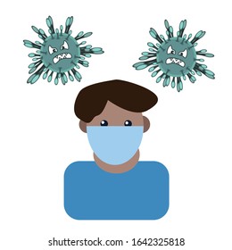 Coronavirus 2019-nCov. Concept resposible for asian flu outbreak. Young black boy in antiviral facemask. Influenza pandemic. Virus or bacterium. Flat cartoon style. For motivational posters. Medicine