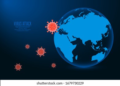 Ataque de virus del concepto Coronavirus 2019-nCoV en el globo terrestre sobre fondo azul. Planeta terrestre y células de virus. Vector.