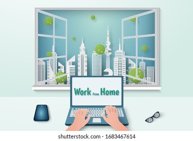 Coronavirus 2019-nCoV concept Working from home, Stay home safe from Coronavirus , Paper cut style