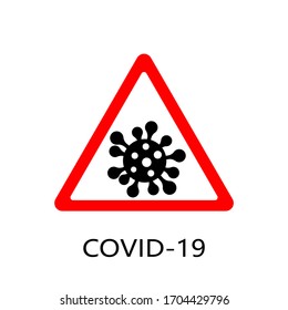Coronavirus 2019-nCoV. Corona virus attention icon. Red triangle sign isolated white background. Pathogen respiratory infection. Bacteria-cell. Influenza pandemic. Corona-virus Vector illustration
