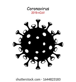 Коронавирус 2019-nCoV. Значок вируса короны. Черный на белом фоне изолированный. болезнь респираторная инфекция (вспышка болезни). пандемия гриппа. вирион коронавируса. COVID-19