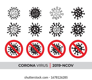 Coronavirus 2019-nCoV. Corona virus icon. Corona virus with red stop sign. Black on white background isolated. virion of Corona-virus. corona virus infection. Vector