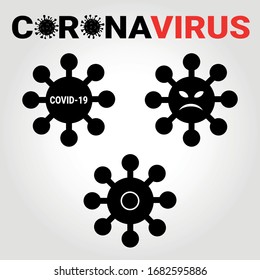 Coronavirus 2019-nCoV. Corona virus icon set. Black vector illustration on white background isolated. China pathogen respiratory infection (asian flu outbreak). Influenza pandemic. Virion of virus.