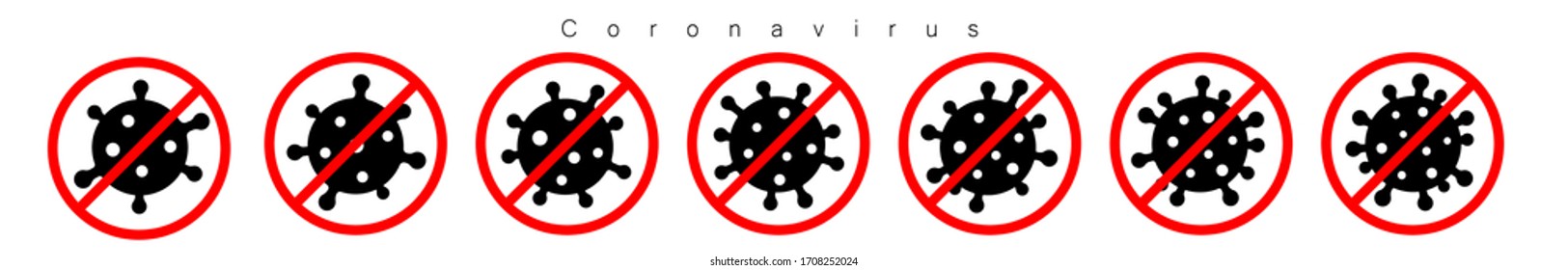 Coronavirus 2019-nCoV. Corona virus icon set. Red sign isolated white background. Stop pathogen respiratory infection. Design bacteria. Influenza pandemic Corona-virus prevention Vector illustration