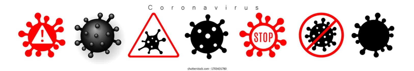 Coronavirus 2019-nCoV. Corona virus icons warning set. Signs isolated white background. Stop pathogen respiratory infection. Bacteria influenza pandemic Corona-virus prevention Vector illustration