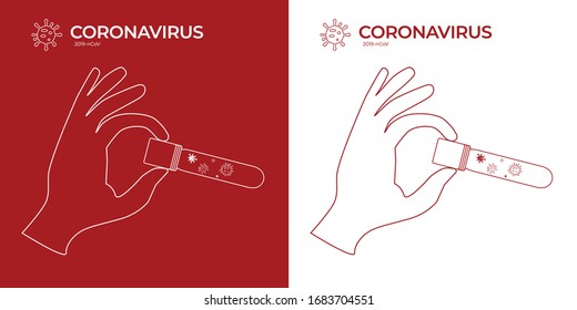 Coronavirus 2019-nCoV - COVID 19. Vector illustration of a hand holding a test tube with a virus on white and red background