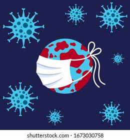 Coronavirus, 2019-nCoV, COVID-19, Bacteria, earth globe wearing protective Medical Surgical mask on navy blue background, isolated, vector illustration