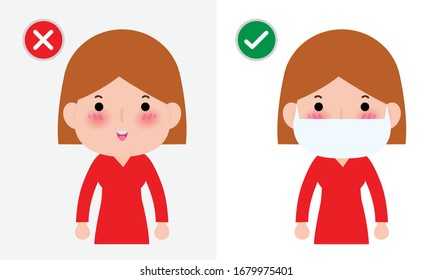 Coronavirus 2019-nCoV or Covid-19 disease prevention concept, Women with wearing face mask and without mask, health care isolated on white background vector illustration