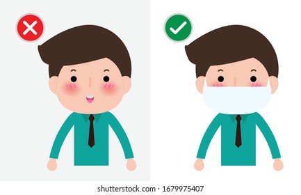 Coronavirus 2019-nCoV or Covid-19 disease prevention concept, man with wearing face mask and without mask, health care isolated on white background vector illustration