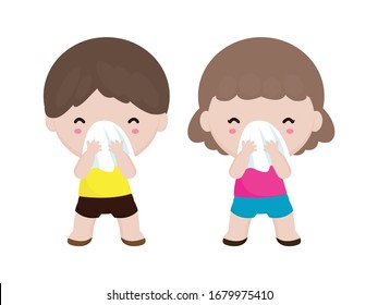 Coronavirus 2019-nCoV Or Covid-19 Disease Prevention Concept With Cute Kids Sneezing Cover Mouth And Nose With Tissue Isolated On White Background Vector Illustration