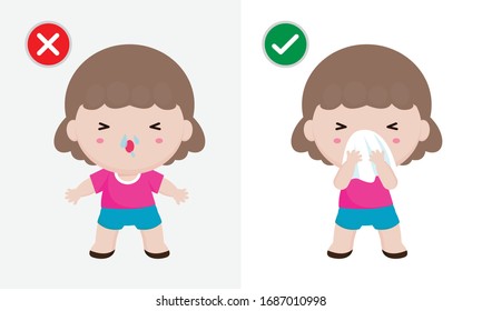 Coronavirus 2019-nCoV or Covid-19 disease prevention concept, woman sneezing cover mouth and nose with tissue before and don't do. Healthy way to safe from virus infections. Health care concept