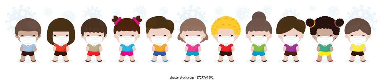 Coronavirus 2019-nCoV or Covid-19 disease prevention concept with group of cute kids boy and girl wearing face mask isolated on white background vector illustration