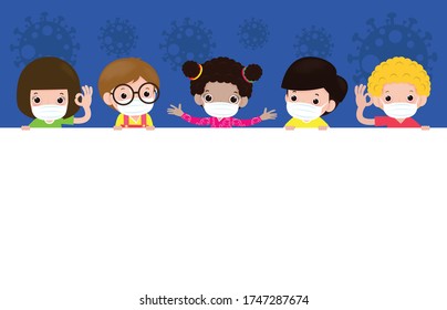 Coronavirus 2019-nCoV or Covid-19 disease prevention concept with cute diverse Kids and Different nationalities wearing face mask holding big signboard isolated on background vector illustration