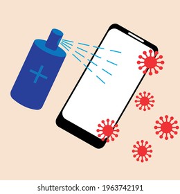 
Coronavirus, 2019-nCoV, Covid-19. Individual protection. Flat contour icons of disinfectant spray for hand disinfection, mobile phone