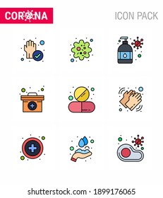 Coronavirus 2019-nCoV (Covid-19) Prevention icon set drug; medicine; hand wash; medical case; case viral coronavirus 2019-nov disease Vector Design Elements