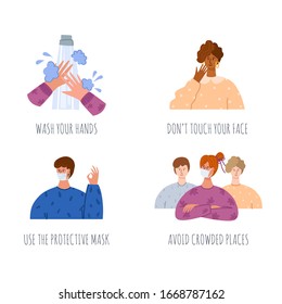 Coronavirus 2019-nCoV, COVID-19 preventions concept. Flu, contaminated air disease prevention infographic healtcare, medicine. Protection people - set of isolated vector illustration in cartoon style