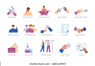 Coronavirus 2019-nCoV, COVID-19 preventions concept. Flu, contaminated air disease prevention infographic healtcare, medicine. Protection people - set of isolated vector illustration in cartoon style