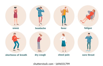 Coronavirus 2019-nCoV covid-19 symptoms  illustration. Mans and women are showing coronavirus symptoms-sneeze, headache, fatigue, shortness breath , dry cough, chest pain, sore throat, fever