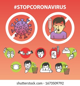 Coronavirus, 2019-nCoV, Covid-19. Vector abstract infographic: symptoms and prevention tips, health and medical. Flat outline icons of man with cough and fever, wash hands, medical mask, shake hands