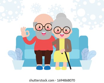 coronavirus (2019-nCoV) COVID-19,Senior Couple stay at home awareness social media campaign and coronavirus prevention, happy family lifestyle activity and staying together in home on white background