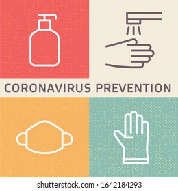 Ilustração de prevenção de doenças por coronavírus (2019-nCoV). Ícones de contorno mostrando desinfecção, higiene, máscara e proteção de luvas da nova gripe Covid-19 em Wuhan, China.