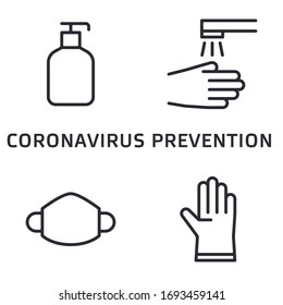 Coronavirus (2019-nCoV) disease prevention illustration. Outline icons showing disinfection, hygiene, mask and glove protection from new Covid-19 flu. Vector template suitable for any medical and heal