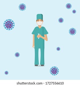 Coronavirus 2019-nCoV. Doctor character in white medical face mask. Stop Coronavirus concept.