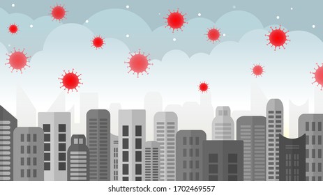 Coronavirus 2019-nCoV in downtown. Virus epidemic vector illustration design. City lockdown for decreasing of Covid-19.