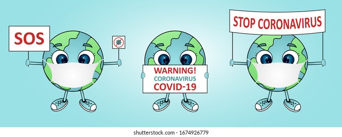 Coronavirus (2019-nCoV), Earth in white medical face mask. Concept of coronavirus quarantine. Vector illustration. Set of cartoon globes whis banners Stop Coronavirus, SOS, Warning Covid-19