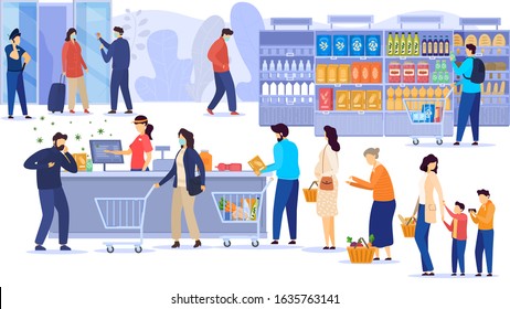 Coronavirus 2019-ncov epidemic china wuhan city epidemic disease vector illustration. Outbreak virus epidemic flu people in mask in city shop market moll. Panic on street. Airport door police.